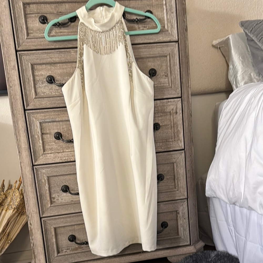 Aidan Mattox Cream and Gold Halter Sheath rhinestone, accented, Midi Dress